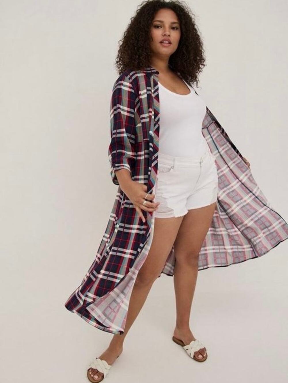 Torrid Blue&Red Plaid Open Front Long Shirt Kimono Sz.4